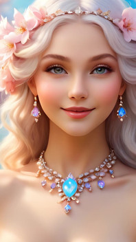Une femme nue souriante tenant Cherry Blossom, portant des bijoux en diamants blancs opal-pearl - diaporama ai