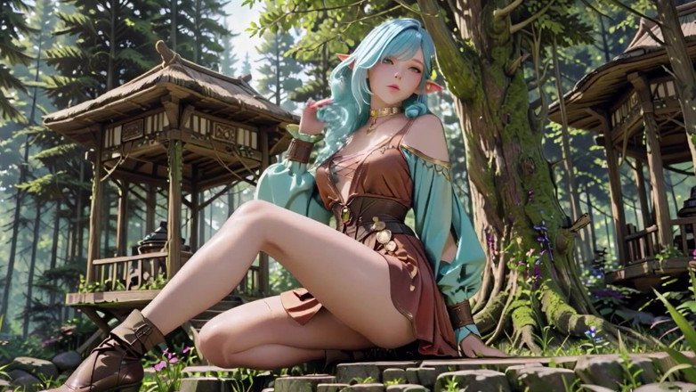 Seraphina Vale: Fantasia na floresta! Mage de cabelos verdes &amp; elfo azul em...