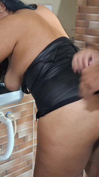 Big Ass Brunette in Tight Black Leather Dress Twerking and Flashing Hairy Pussy