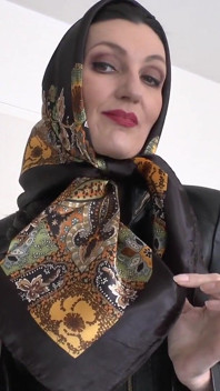 Fashion show satin headscarf, satin headscarf and leather jacket, joi lady victoria valente