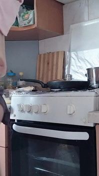 Sexy Naked Wife Preparing Food in the Kitchen. Hairy Brunette, Big Ass, Big Tits.
