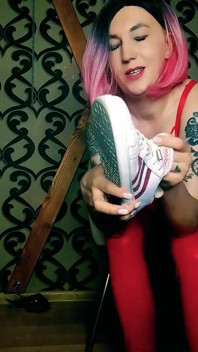 Lady Angela Bare Feet and Sneakers Red Latex Leggings Fetish Femdom