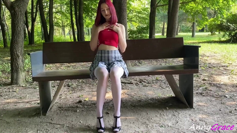 AnnyGrace: Beautiful girl in white stockings masturbates on bench, touches her...