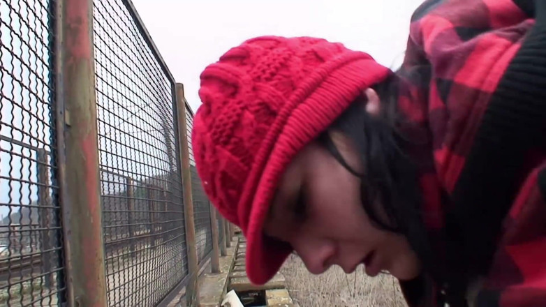 Nikky Thorne's Teen Club: Brunette fucking with old dude next to a railway