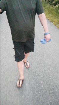 Out and About with Nylon Feet in Birkenstocks in the Morning