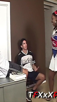Stacked Ebony Teen Gets Pounded by 5 Athletic White Studs in a Wild Office Gangbang Session.