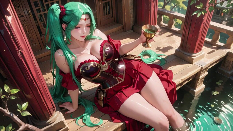 Tay Swift X: Green-haired Warlock! Red Battle Armor in the Classical Arcade, Slit...