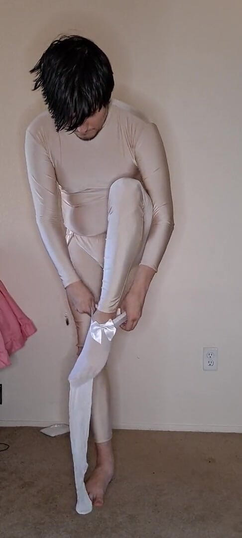 Pup Zentai: Pink spandex maid dress up