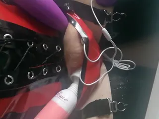 Cock vibrator toy teasing with contractions orgasm in latex rubber clothes