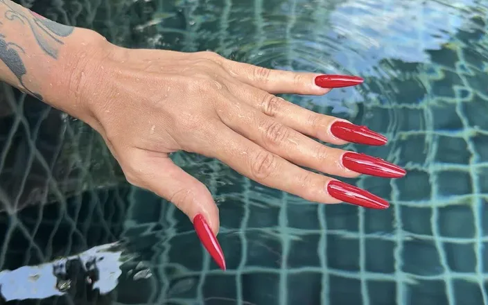 Julia domaina: Long Red Nails and Long Fingers in Swimming Pool