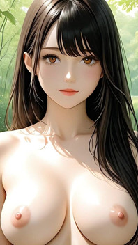 Bella ragazza nuda dal seno grande che si rilassa in giardino