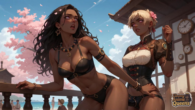 Ebony Anime Queens: Dewi eboni jahat memberikan DT Blossom Cherry di tepi Lautan