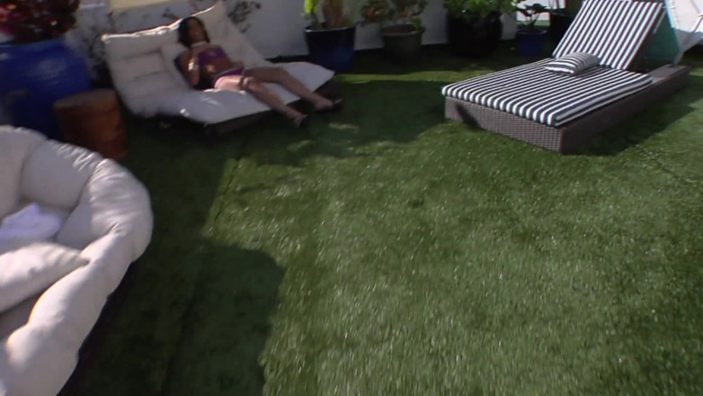 Femdom Sex: Brunette babe sucking and fucking on lounger