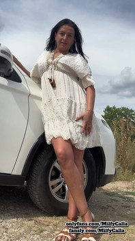 White Dress Tease by the Car Flirty Panty & Bra Reveal with an American MILF