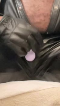 Black Leather Vibrating Toy Cock Fondle & Nipple Play