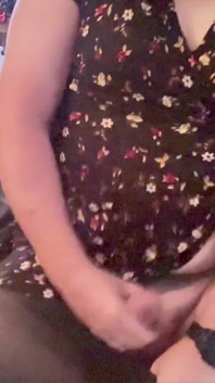 Trans Girl in a Short Dress and Pantyhose Masturbating