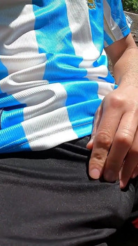 Bulging Young Man Moans with Pleasure in Park Jerking off a Summer Handjob