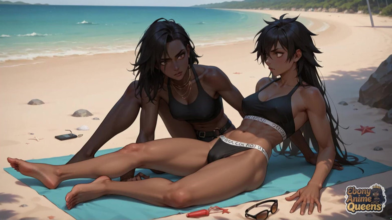 Ebony Anime Queens: Plážová orgie! královna s horkým tmavým hued má orgasmická prsa...