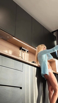 Hottest One of the Most Beautiful Wives Ever Petite Blonde in the Kitchen Goes No Panties Shows Tight Shaved Pussy and Naked Ass
