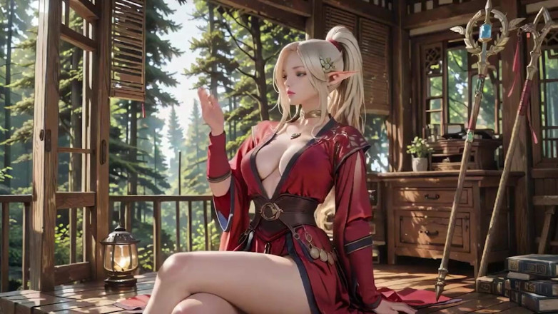 Seraphina Vale: 红袍精灵女巫！阳光灿烂的森林露台，跪着的凝视立即融化了你