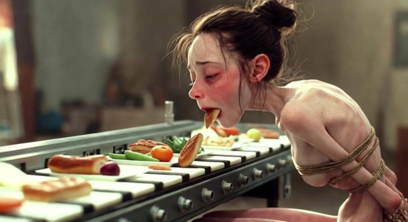 YOUR BEST FANTASY: Menina extremamente magra amarrada - recheada com comida até ficar cheia