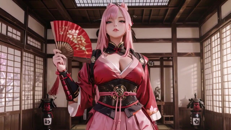 Seraphina Vale: 크림슨 사무라이! 다다미에 무릎을 꿇고 분홍색 머리의 전사, 눈 덮인 허벅지를 드러내기 위해 미끄러지는 하이 슬릿 기모노.