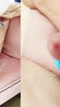 Mână cu mănușa din latex albastru masturbează tare pula uriașă cu cap de ciupercă cu ejaculare