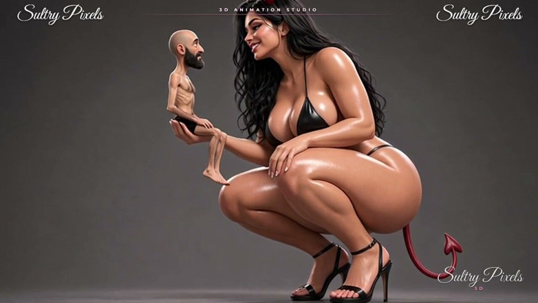 Sultry Pixels 3D: She-diavolo gigante si spoglia in topless per il suo piccolo...