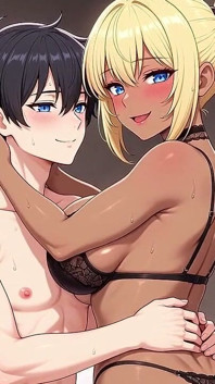 Si blonde tanned cergas dalam renda hitam memanjat ke dalam pangkuannya untuk ciuman lapar mendalam