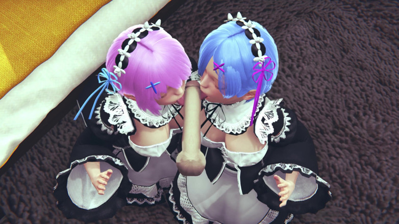 Waifu club 3D: Рам і Рем облизують великий член разом