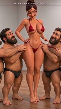 Bruna con un panino per capelli circondata da quattro ammiratori barbuti