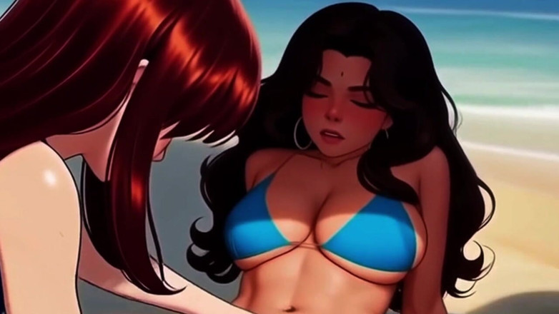 Spicy Toons: 授乳中のレズビアンのMILFがビーチへ