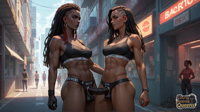 Ebony Anime Queens: Cybernetická ebenová královna má tryskající orgasmus v neon city! Teplé...