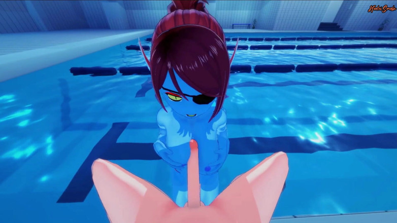 Hentai Smash: La sirena Undyne follada en primer plano en la piscina,...