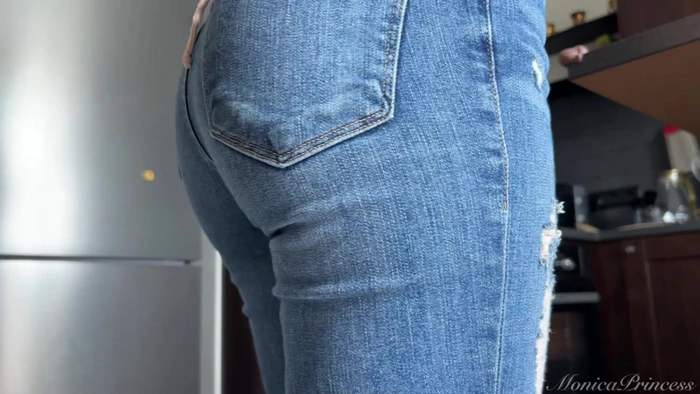 Princess Monica: Tight Jeans and Exposed Belly in the Kitchen
